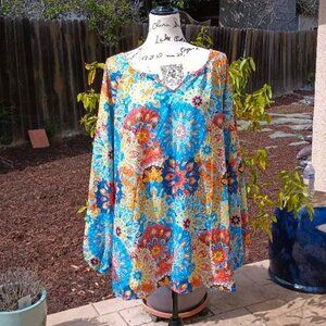 Colorful Mandala Floral Peasant Top Blouse 2X Light Airy Long Sleeve